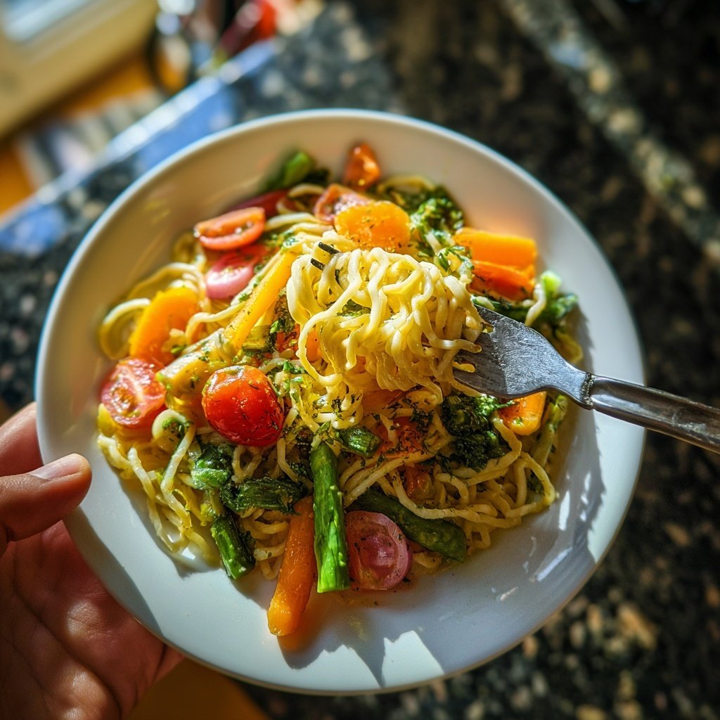 Mittagessen mit Gemüse und Nudeln